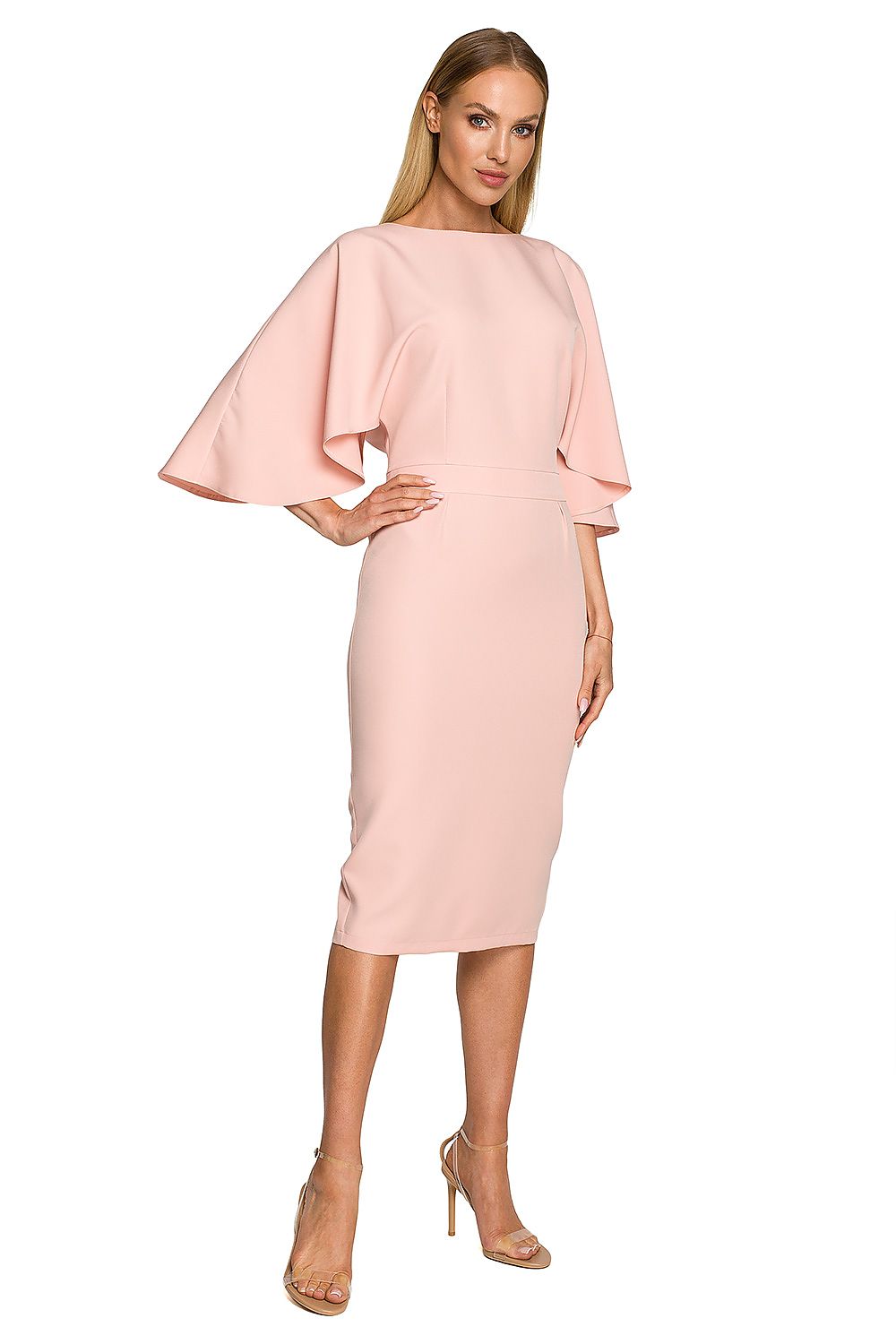Elegancka sukienka midi z szerokimi rękawami w kolorze pudrowego różu